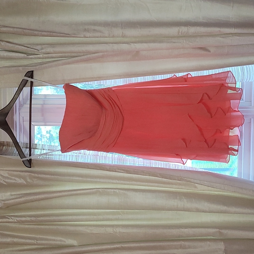 Strapless Chiffon Dress with layered skirt, style no. F14169 size 2 color: Coral